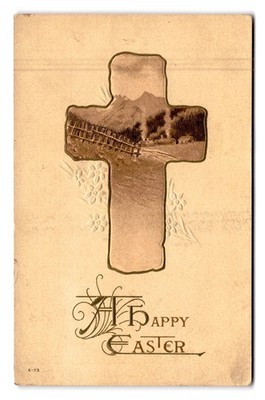 Vintage Easter Postcard Embossed Cross Scenic 6x4in Original