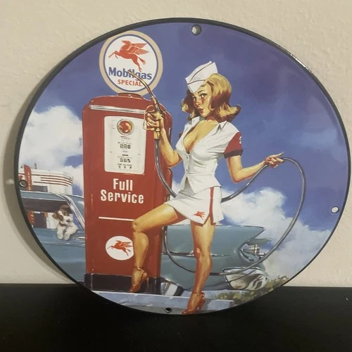 VINTAGE LADY NURSE MOBILGAS GASOLINE MOTOR OIL PORCELAIN SIGN