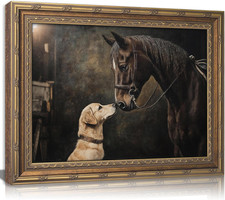 Gold Framed Vintage Horse and Dog Canvas Wall Art Rustic Farmhouse Retro Animal