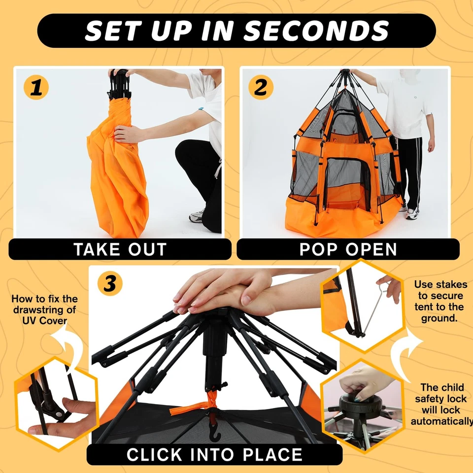 Parque infantil emergente para bebés con dosel, tienda emergente para bebés con cerradura de seguridad, poste... Foto 3 de 4