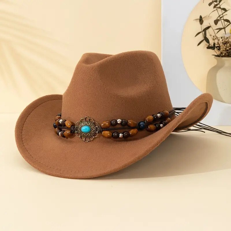 Light Brown, Camel Cowboy Cowgirl Hat – Wide Brim, Brown Bead Strap,  Western