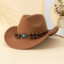 Light Brown, Camel Cowboy Cowgirl Hat Wide Brim, Brown Bead Strap, Western