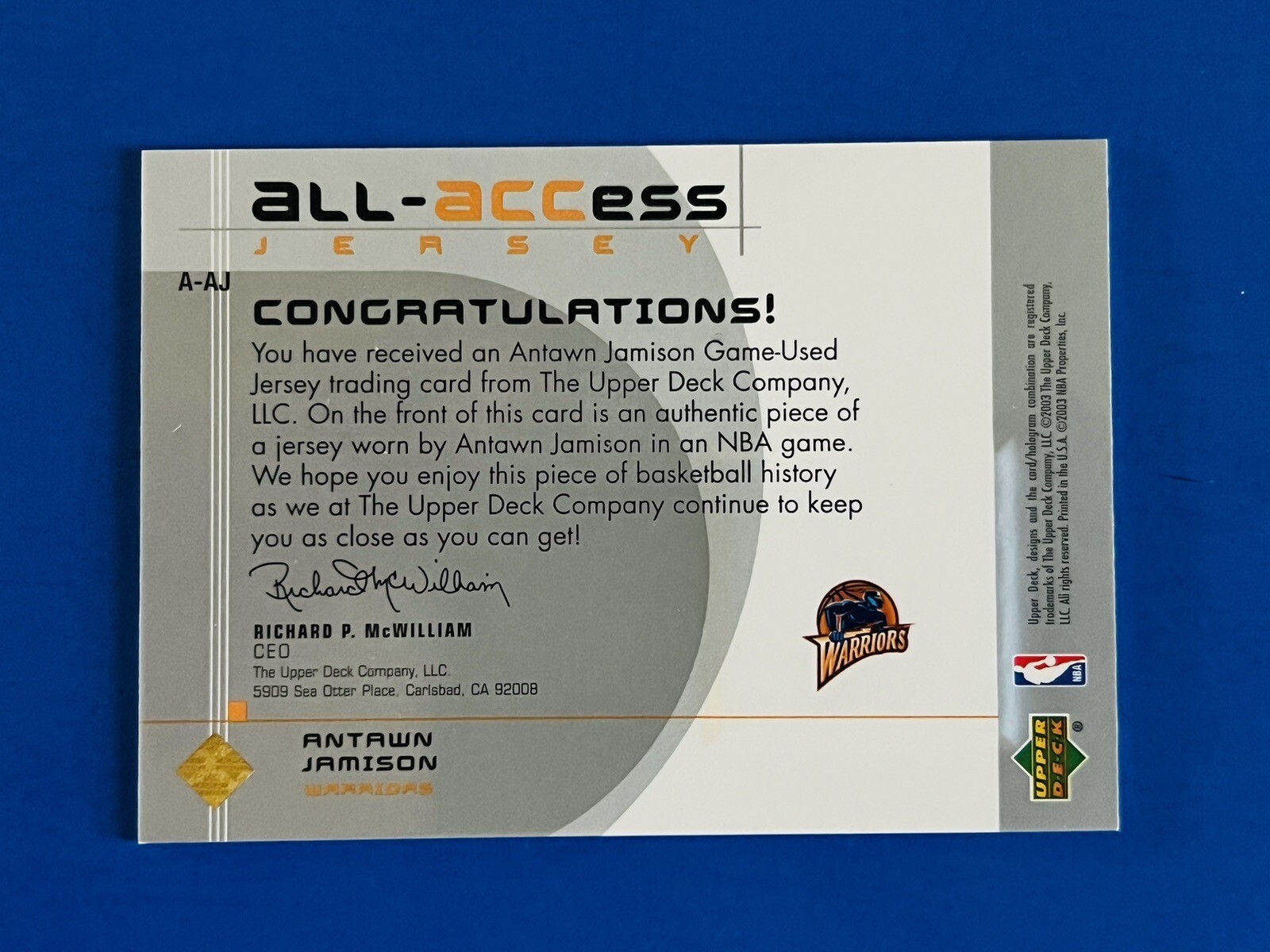 2003 Upper Deck Antawn Jamison Warriors All-Access Game Used Jersey Card #A-AJ view 2