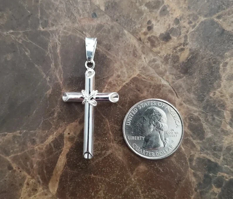 925 Sterling Silver Rhodium Plated Hollow Tube Cross Pendant - 48 MM - Rope Cntr - Изображение 2 из 3