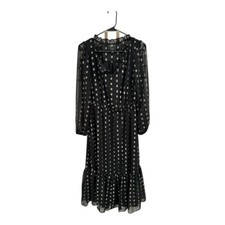 Talbots Midi Dress Metallic Dot Sheer Long Sleeve Ruffle Neck Black Size 2