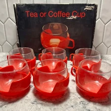 Vintage Set of 6 Red German Tea or Coffee Plastic Cups Holder Glass