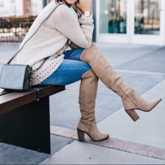 New Vince Camuto Madolee Over the Knee Boot Brown Tan Taupe Suede Size 11M OTK
