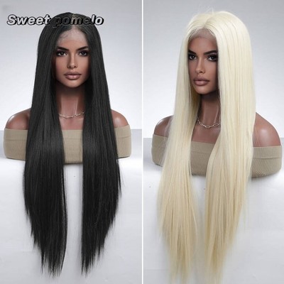 Black lace small T wig divided into black long straight two colors imported silk