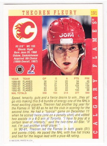 1993-94 Score Theoren Theo Fleury Signed Auto Calgary Flames #191 - Picture 2 of 2