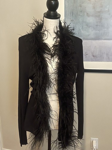 Boston Proper Womens Small Black Cardigan Sweater w/ Feathers Long Sleeve Rayon