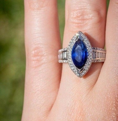 Anillo de boda de plata de ley 925 con halo de zafiro creado en laboratorio de 2 quilates de corte marquesa - Imagen 3 de 3