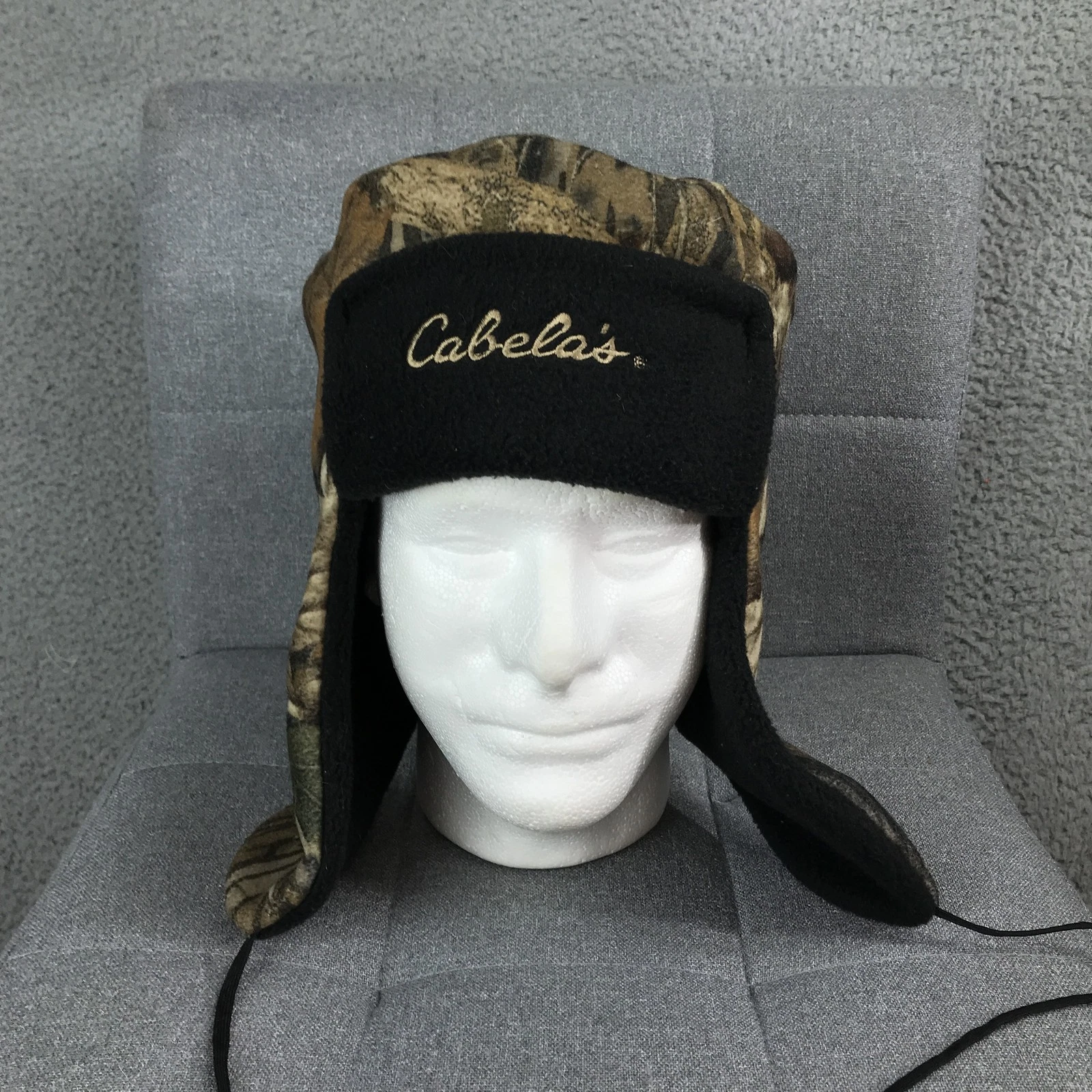 Cabelas Hat Cap Strap Back Camouflage Fleece Ear Flap Hunting Outdoors Mens USA