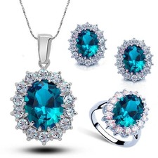 925 Sterling Silver Oval Zircon Crystal Necklace Earrings Ring Jewelry Set