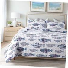 2-Piece Quilt Set - Size with 1 Sham, Blue and White Ocean Twin Sea of Dreams