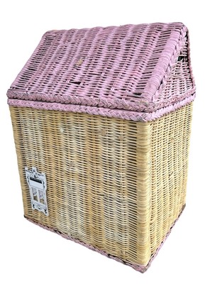VTG Wicker Child s Dollhouse Shaped Toy Treasure Storage Hamper Pink Cottage