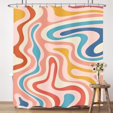 Retro 70s Boho Shower Curtain 72Wx72H Inches Abstract Rainbow Spiral Swirl Wa...