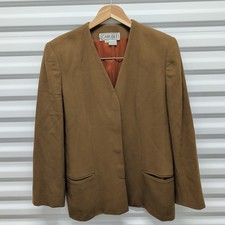 Carlisle Blazer 12 Womens Brown 100 Wool Collarless V-Neck Vintage 90s Jacket