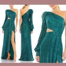NWT Ieena Mac Duggal Sequined One Shoulder Cut Out Gown Teal Emerald sz 2 Formal