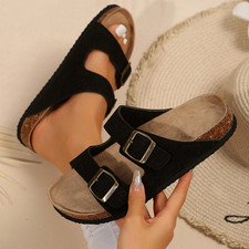 Women  s Slip-On Sandals Adjustable Buckle Straps Comfort Cork Footbed Slide Flat