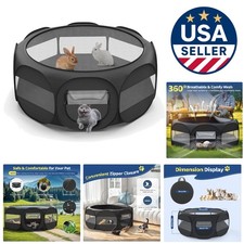 Octagonal Portable Pet Playpen with Waterproof Base for Small Animals - Black