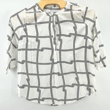 Liz Claiborne Shirt Womens Medium White Black Plaid Button Front 3/4 Sleeve Top