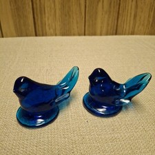 VTG Pair  90 Titan Art Glass  Happy Little Bluebird  Cobalt Blue Signed Leo Ward