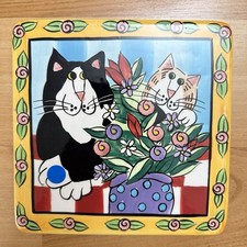 Candace Reiter Catzilla Tile Trivet Cats & Flowers 6x6 inch Vintage Y2K 2001