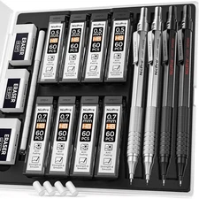 Nicpro 4 Pack Metal Mechanical Pencil 0.5mm & 0.7mm, Black + Silver (4 Pack) 