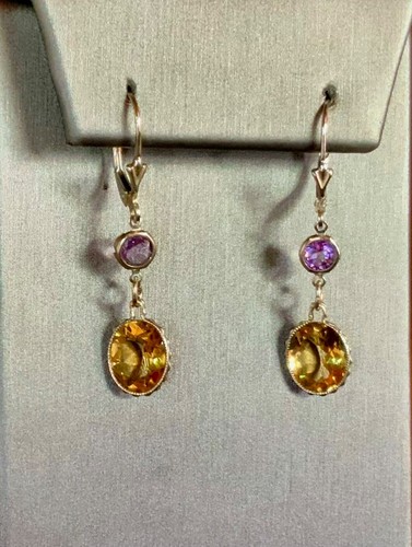 ORECCHINI ARGENTO STERLING .925 CITRINO NATURALE 10MMX8MM E AMETISTA LEVA POSTERIORE - Foto 2 di 2