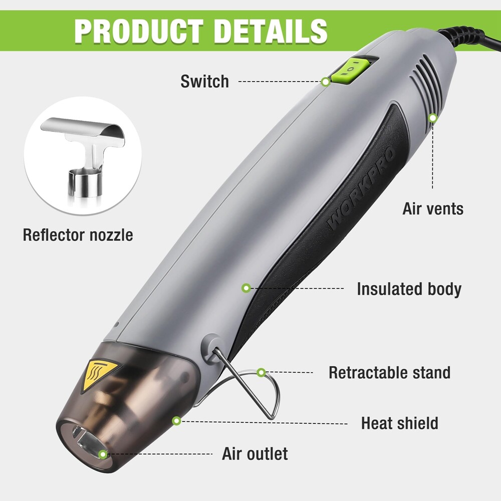 WORKPRO Mini Heat Gun 400W Hot Air Gun Dual Temp Setting Nozzle 5.9ft Long Cable