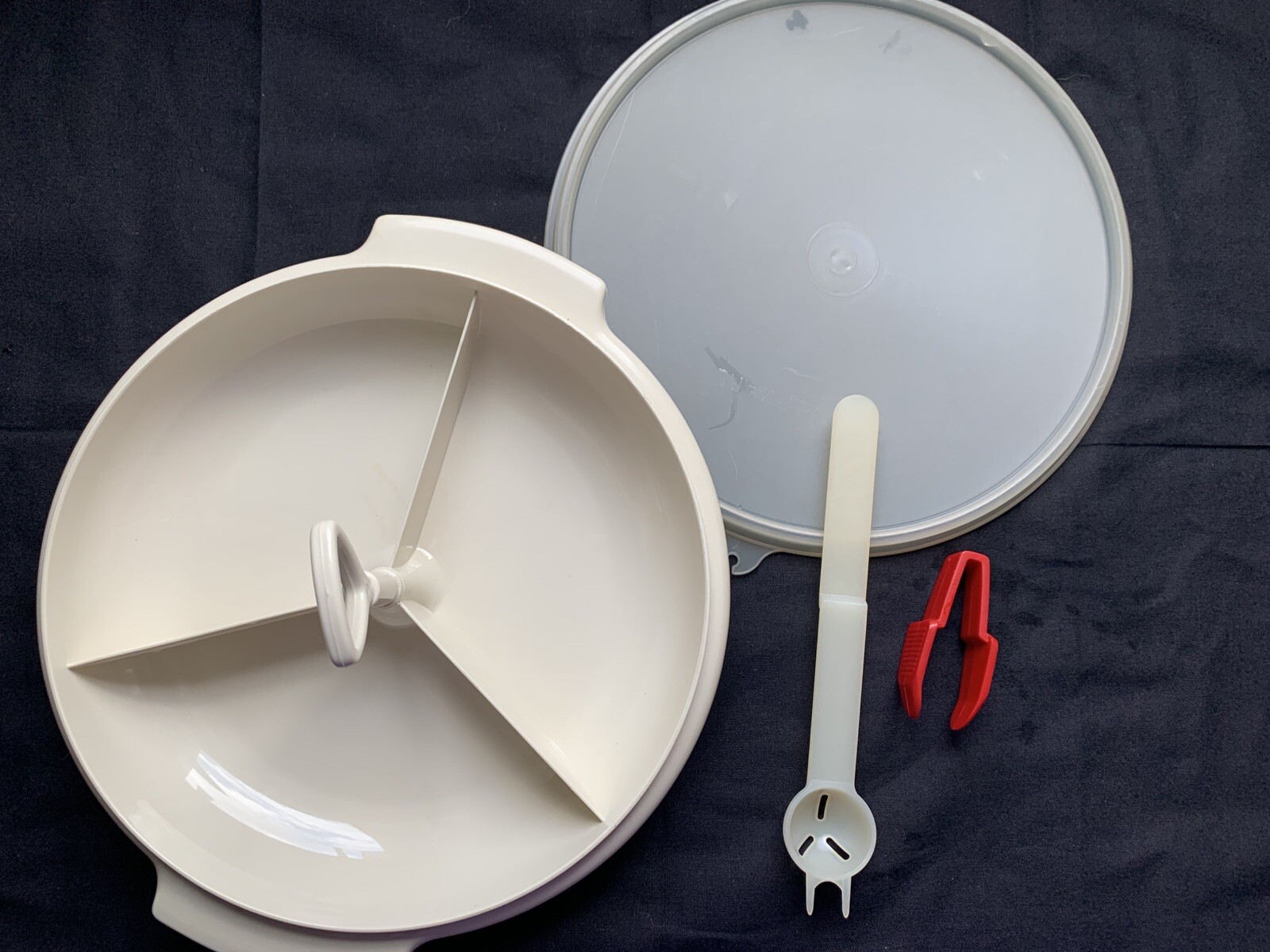 New Vintage Tupperware Suzette Divided Serving Dish With Lid, Tongs, Olive Spoon