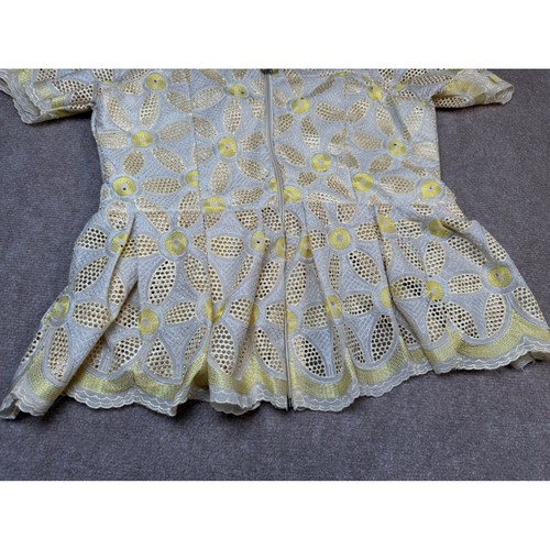 VTG Women's Yellow Handmade Eyelet Fitted Bodice Peplum Zip Back Puff Sleeve Top - Picture 9 of 9