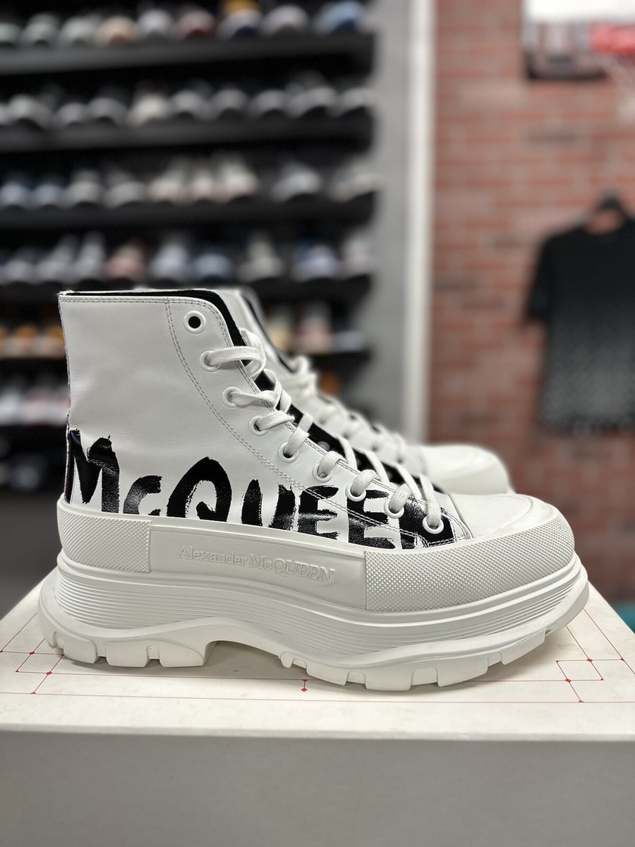 Alexander McQueen Men's Leather Boots Graffiti Black White Shoes