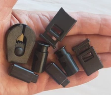 7 asst press Cord Locks SPRING TOGGLE stops ENDS pull SLIDE draw BLACK plastic