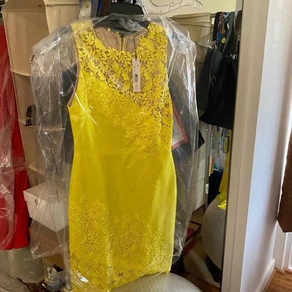 Alice and Olivia Margy Appliqud Sheath Floral Lace Dress Yellow - Size 4 NWT Alice and Olivia Margy Appliqud Sheath Floral Lace Dress Yellow - Size 4 NWT