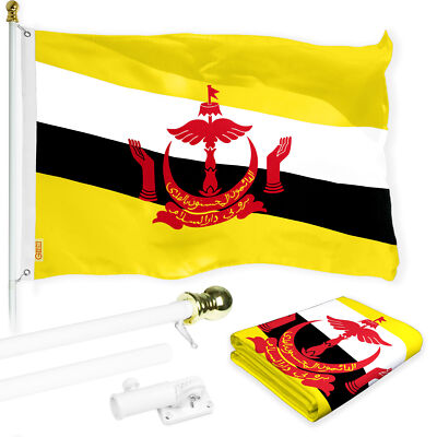 G128 Combo:  6 Ft Flagpole White & Brunei Bruneian Flag 3x5 Ft Printed 150D Poly