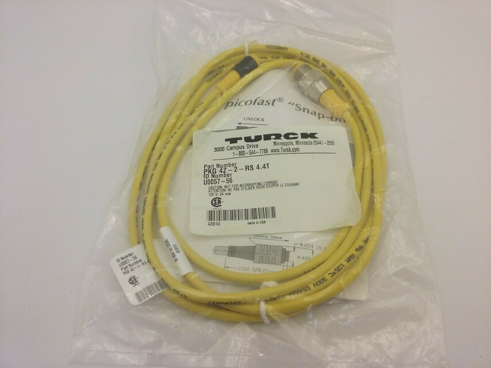 TURCK PKG 4Z-2-RS 4.4T MOLDED CORDSET 4 PIN MALE/4 PIN FEMALE (U0057-56) NIB