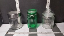 Small Glass Lidded Jars Set of 3 - Latch, Screw, and Squeeze ; Clear and Green