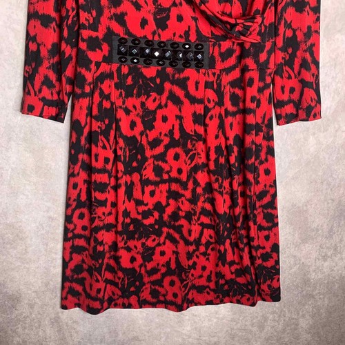 Alfani Dress Womens M Red Printed Faux Wrap Rhinestones Cowl Neck Artsy Career - Picture 3 of 6
