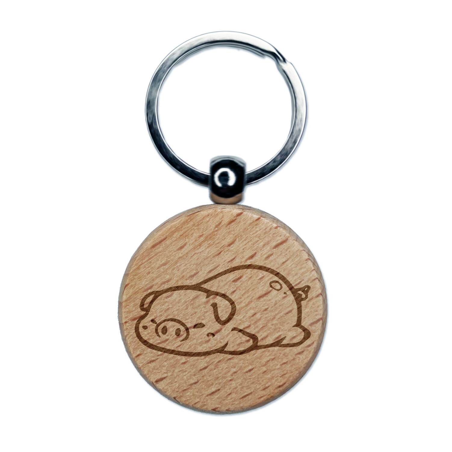 Chubby Sleeping Pig Engraved Wood Round Keychain Tag Charm