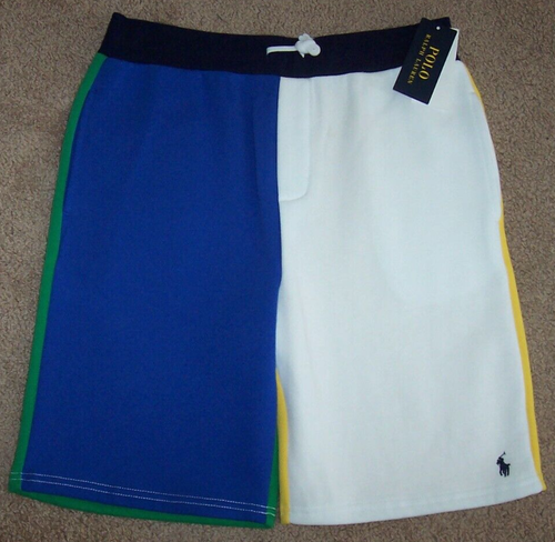 NWT Polo Ralph Lauren WHITE/BLUE/GREEN/YELLOW FLEECE Shorts Boy's L 14/16 PONY
