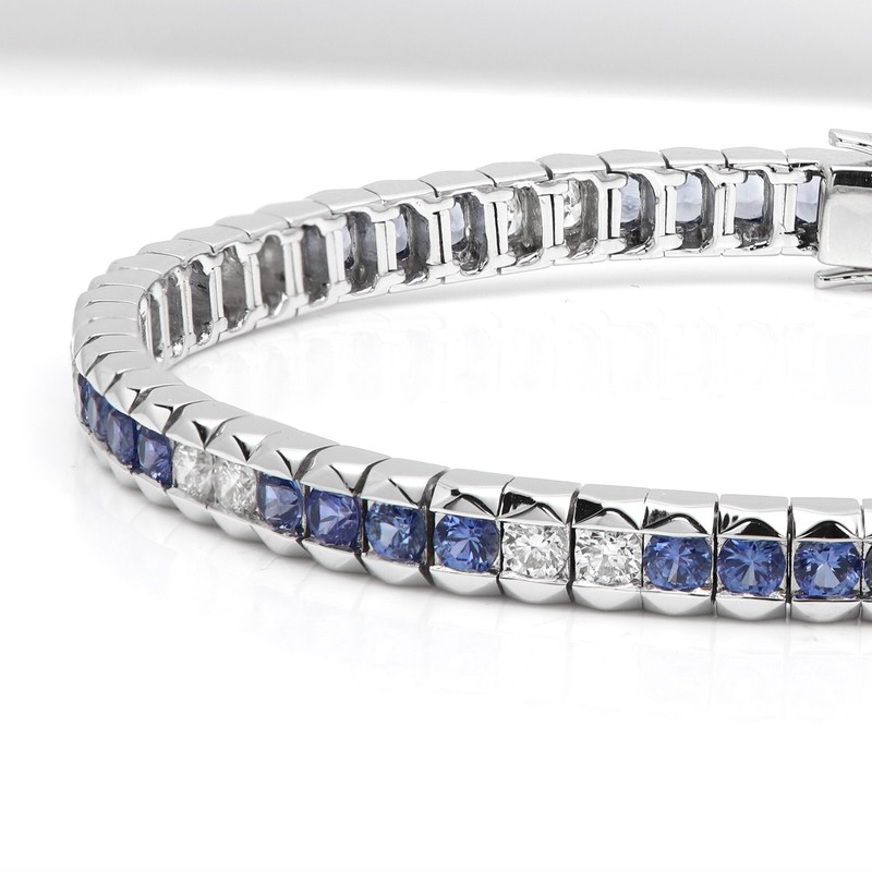 Blue Sapphire Tennis Bracelet Natural Diamonds & 18k White Gold Tennis Bracelet