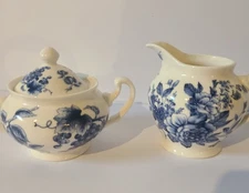 GRACES'S TEAWARE CREAMER AND SUGAR SET WHITE/ IVORY WITH BLUE FLORAL PRINT