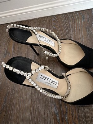 Jimmy Choo Saeda 100 Black Suede Pumps with Crystal Embellishment