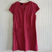 Talbots Pink Shift Dress Size 4P Short Sleeve Split Neck Pockets Knee Length