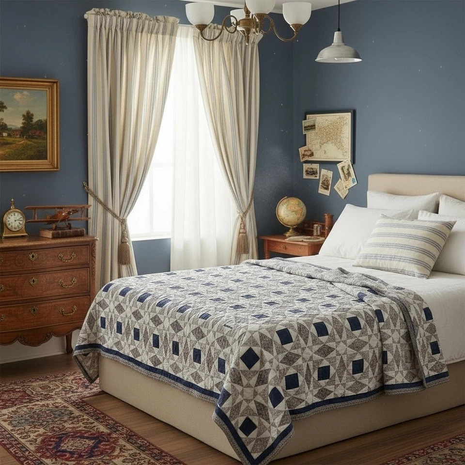 Manta geométrica edredón vintage hecha a mano azul blanco casa 81x81 Foto 2 de 4