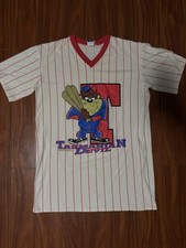 Vtg Looney Tunes Tasmanian Devil Baseball T-Shirt Pinstripe White Red - Size XL