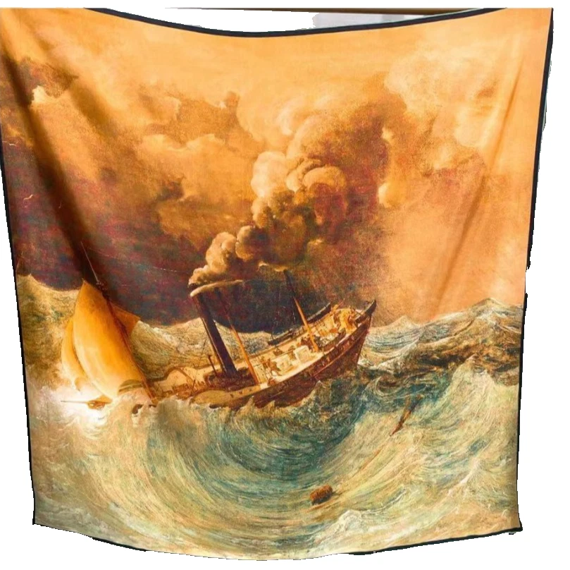 35"x35"Boat in Waves Print Pure Mulberry Twill Silk18momme Double-sided Scarf651