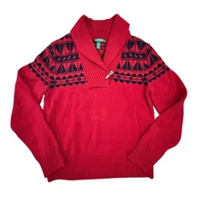 Lauren Ralph Lauren Sweater Womens Red Fair Isle Shawl Collar Knit Large