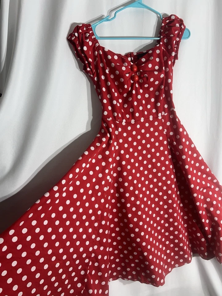 Collectif Dolores Muñeca Lunares Rojo Blanco Vestido Columpio con BOLSILLOS Falda Completa NUEVO Foto 2 de 4